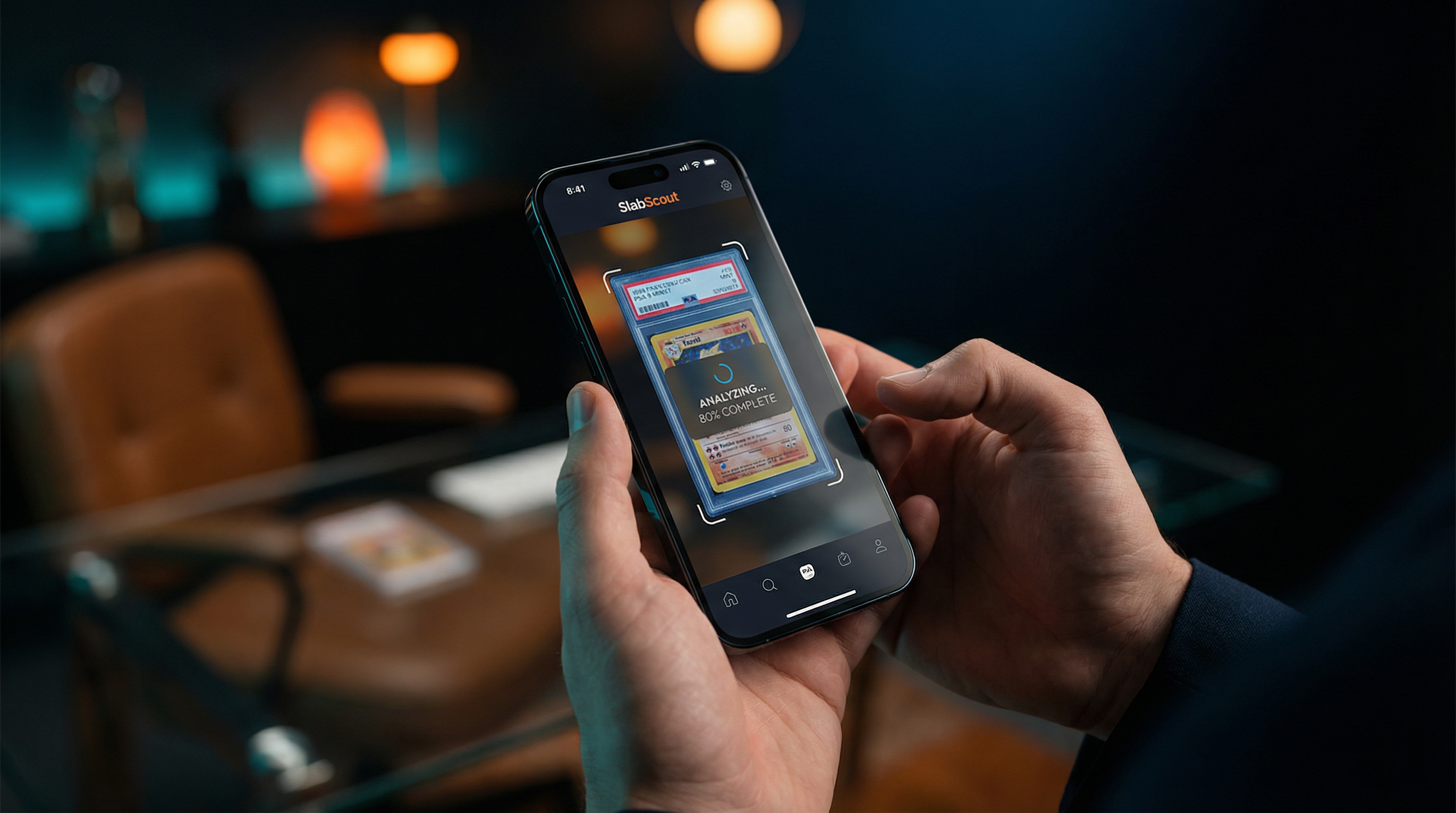 SlabScout mobile app scanning and analyzing graded sports card with AI-powered authentication interface