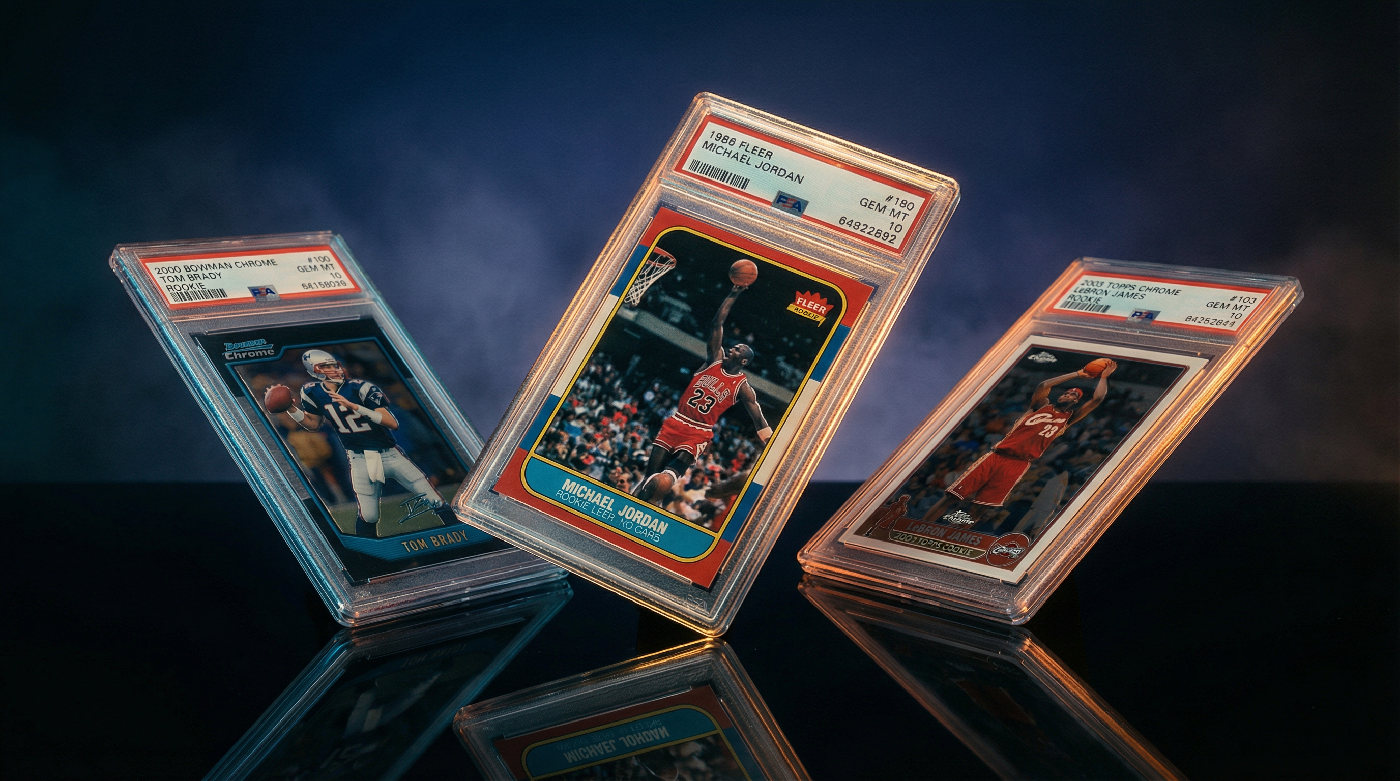 Premium PSA 10 graded sports cards including Michael Jordan, Tom Brady, and LeBron James slabs with dramatic studio lighting