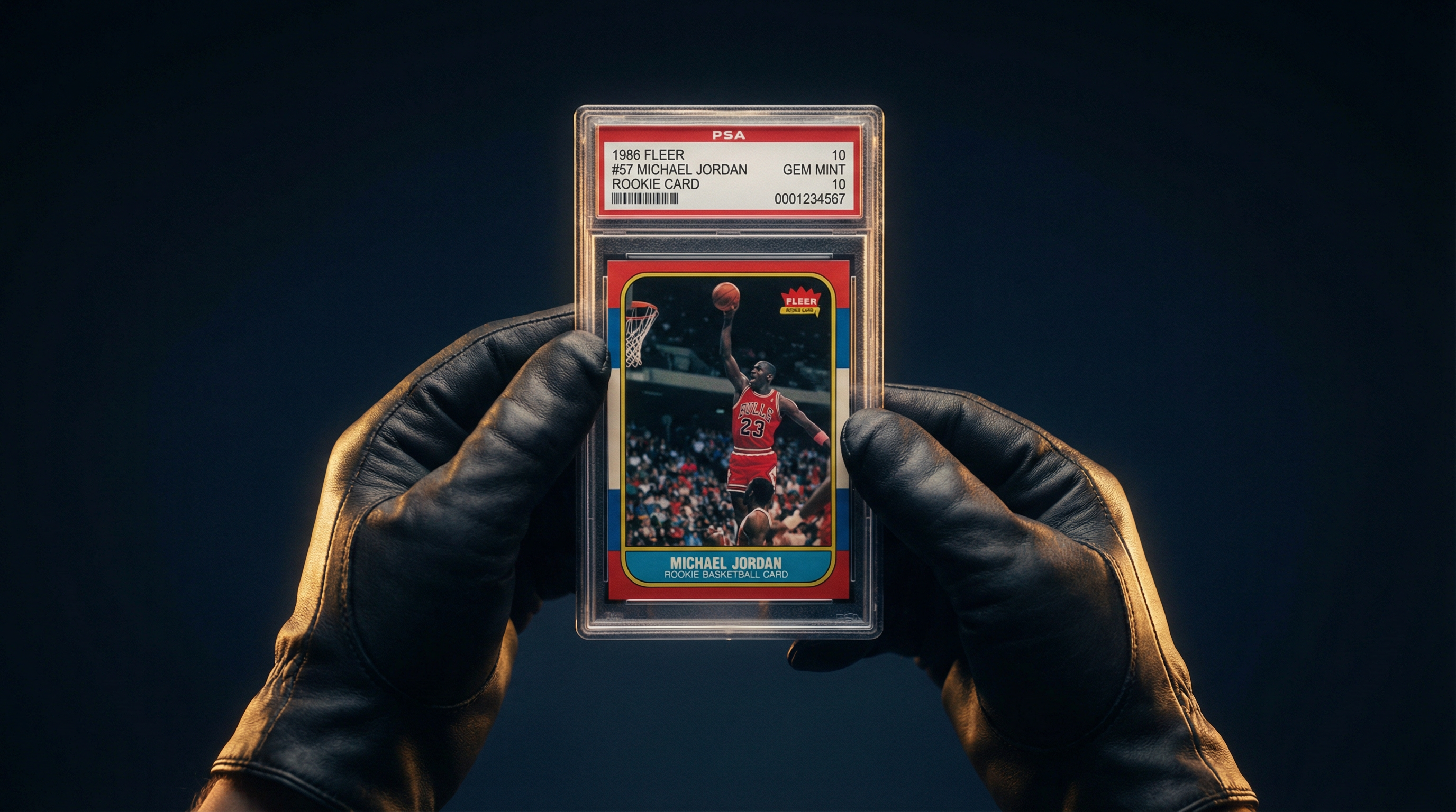 Collector hands holding PSA 10 Michael Jordan 1986 Fleer rookie card slab during authentication process