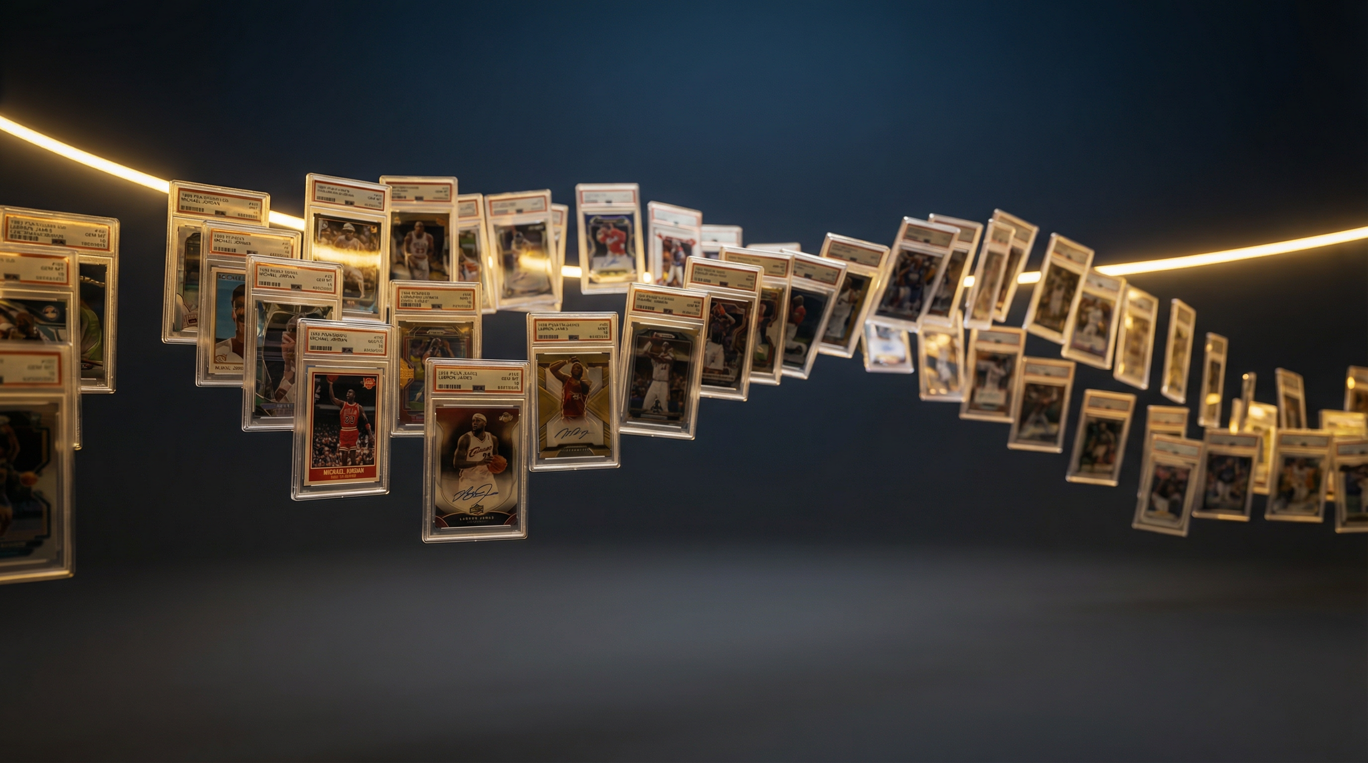 Premium sports card collection vault displaying multiple PSA graded slabs with elegant museum-quality lighting